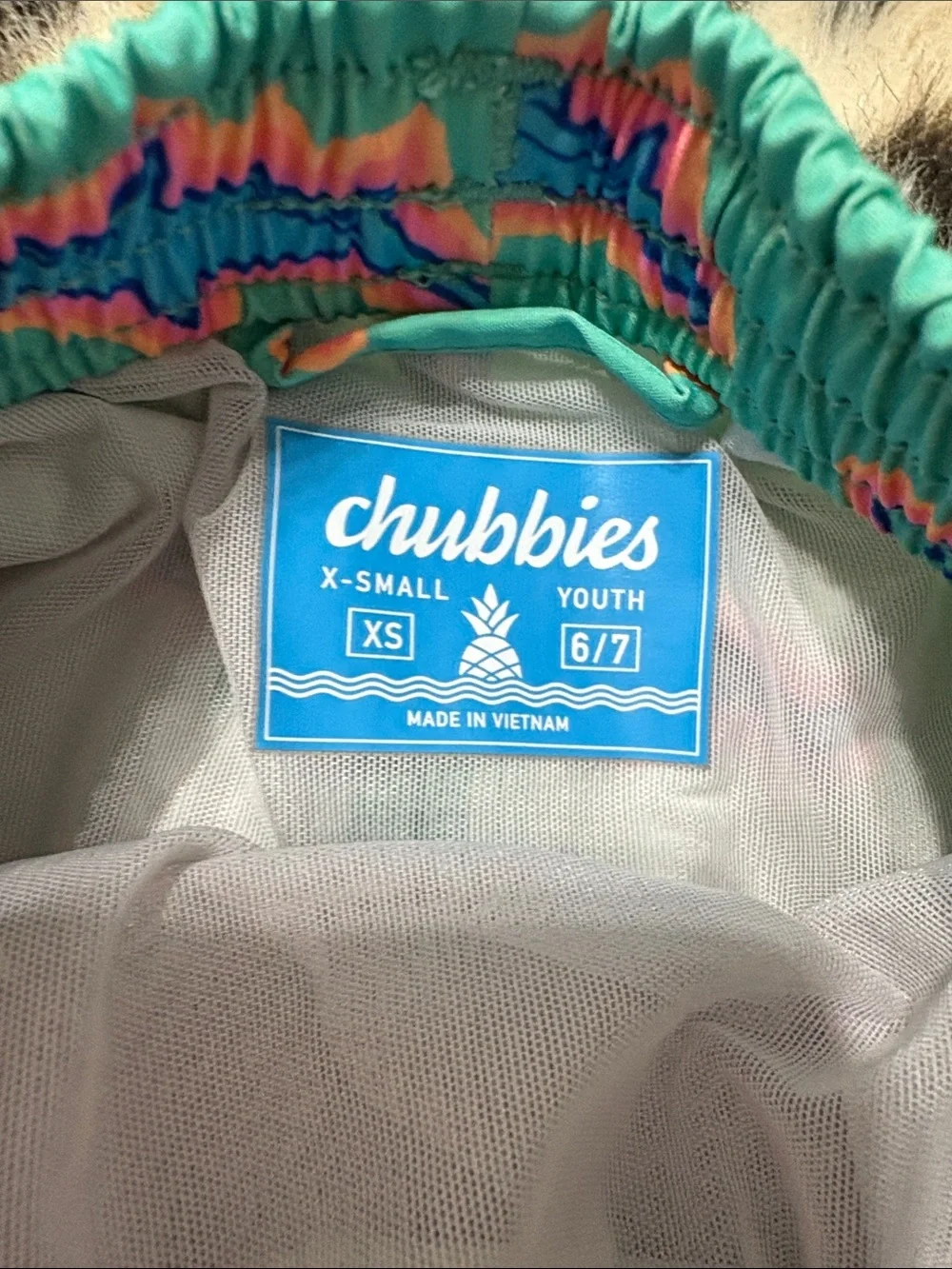 chubbies Teal Swim Trunks with Blue & Pink Shark Pattern